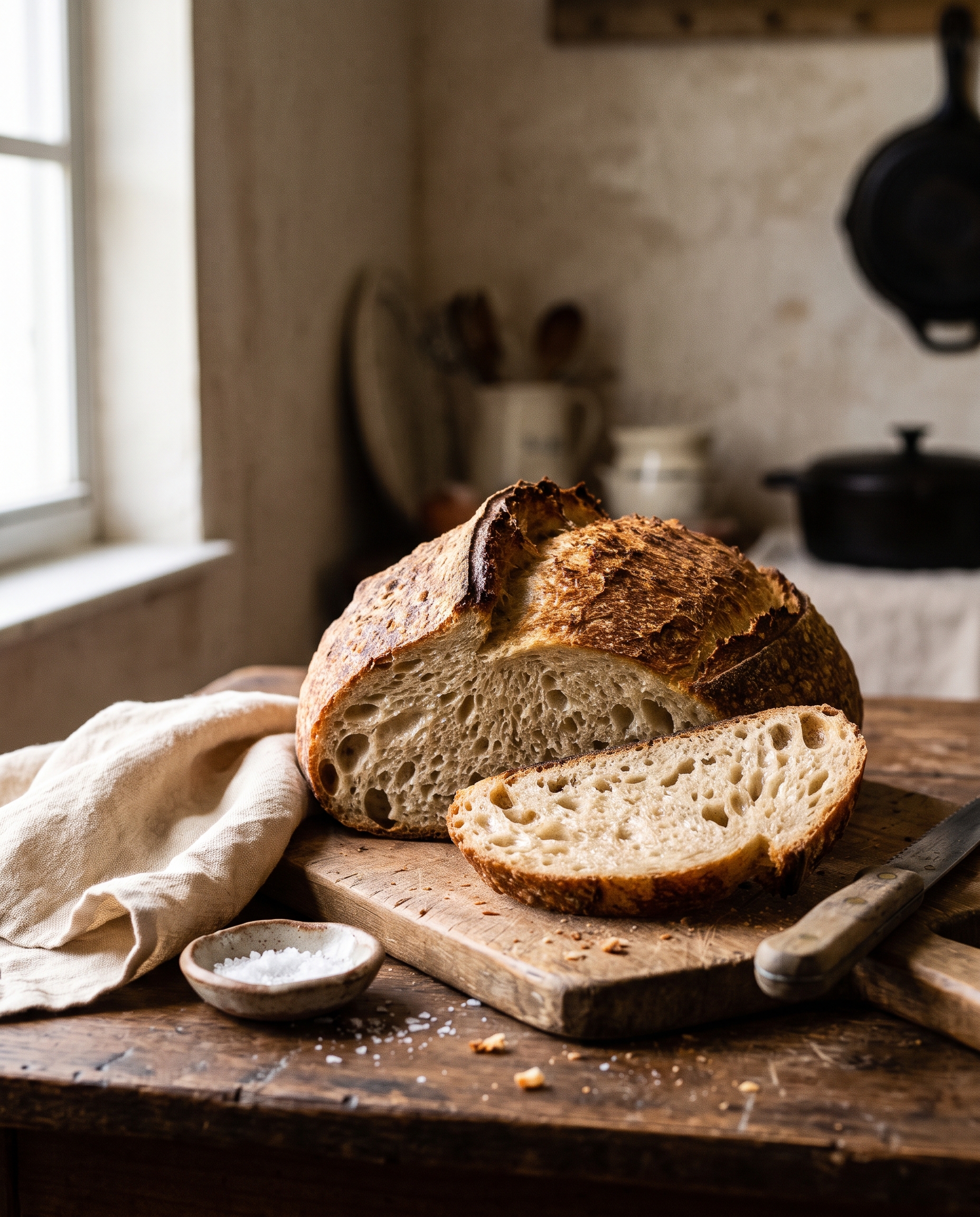 A sourdough loaf with a slice cut to show the crumb