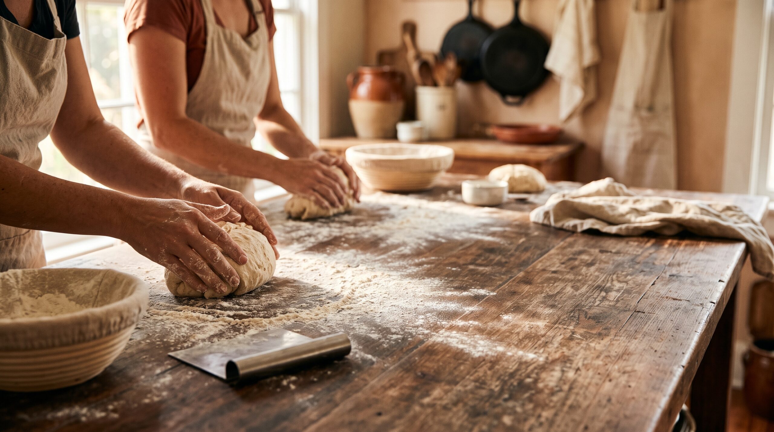 Sourdough baking class table with bowls, flour and loaves