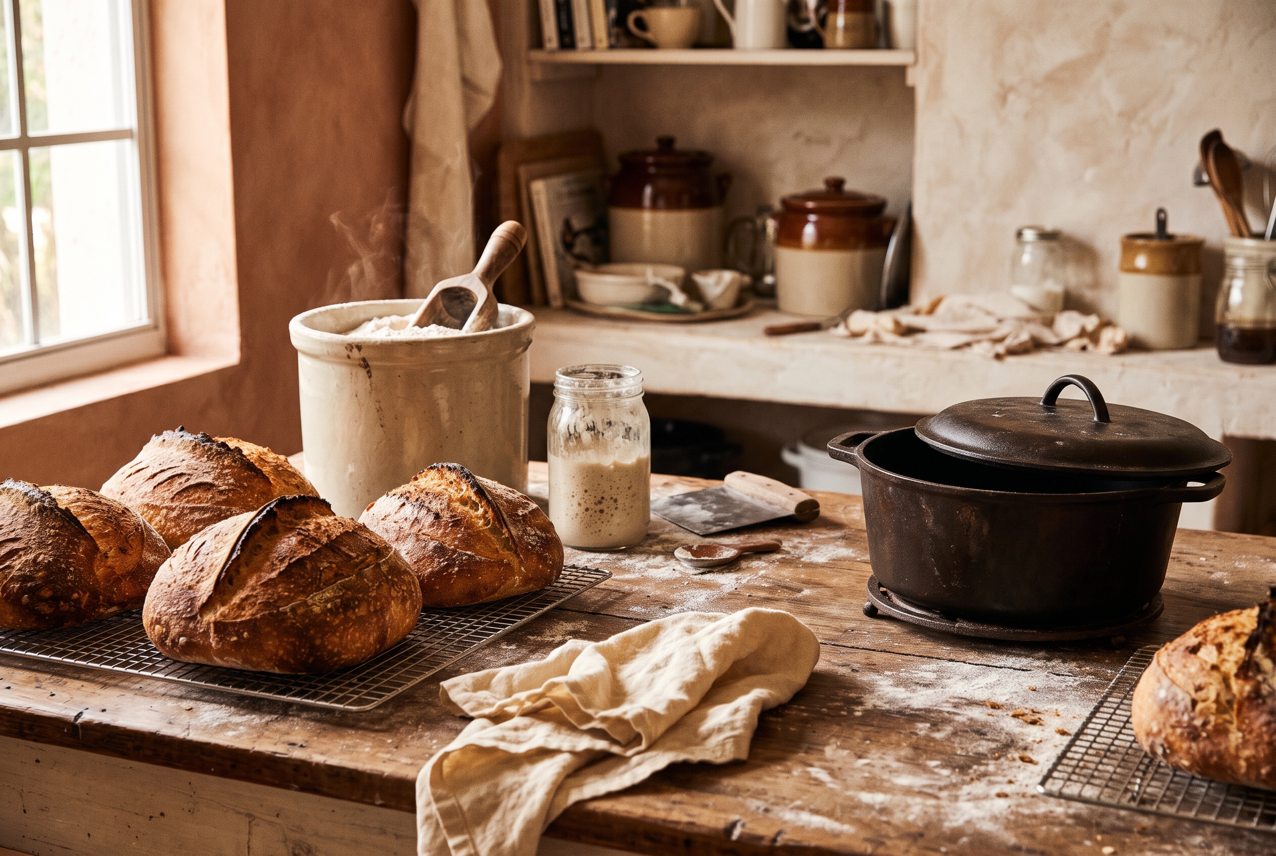 A baker shaping sourdough loaves on a floured board